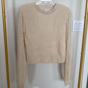 Zara Knit Sweater with Polka Dot Sleeves - Beige